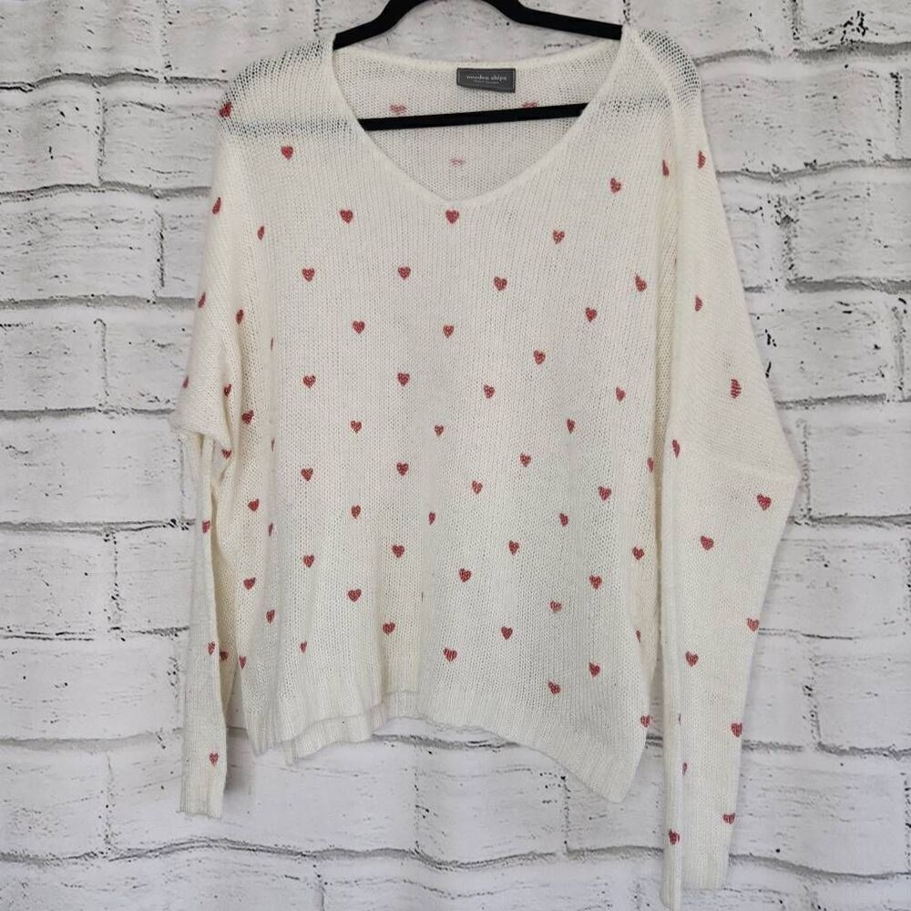 Wooden Ships Mohair Wool Heart Print Long Sleeve V-Neck Sweater Size S/M